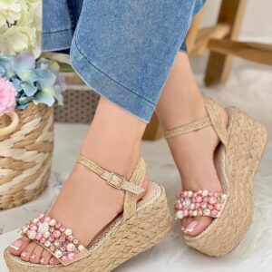 Sandalias en yute con plataforma y pedrería rosa – Mujer